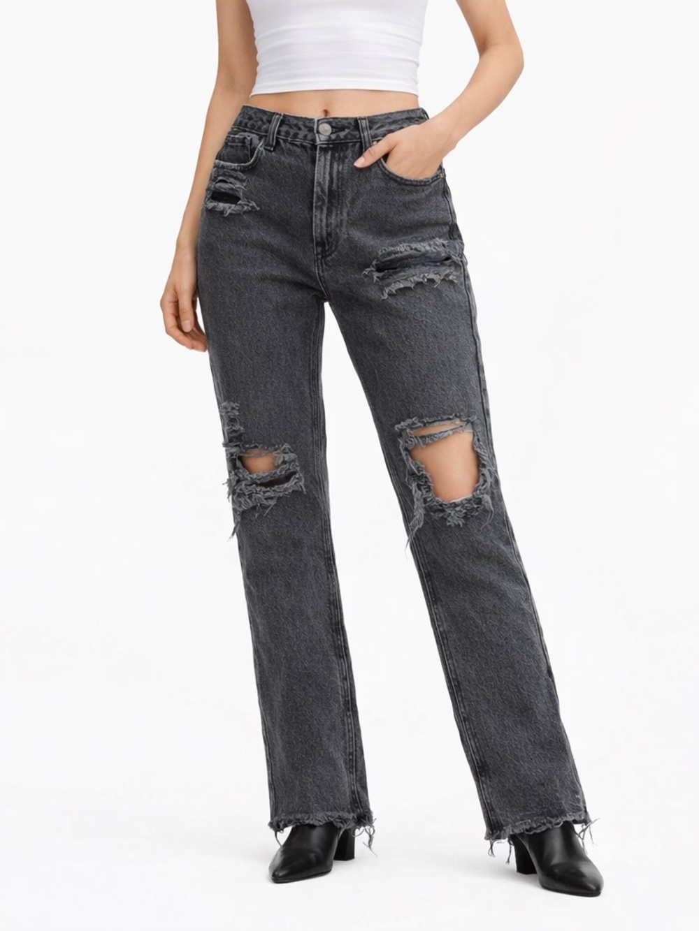 PacSun Women's Charcoal Gray Distressed Straight-Leg Jeans